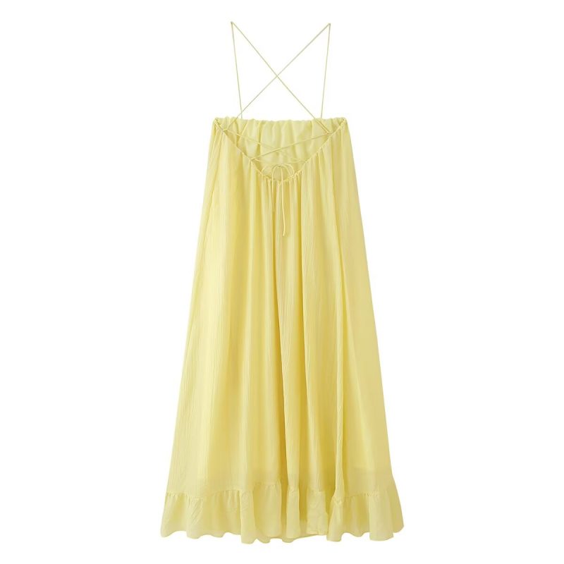 Sweet Solid Color Strap Long Summer Dress - Image 3