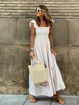 Summer Patchwork Plaid Elastic Swing Dress