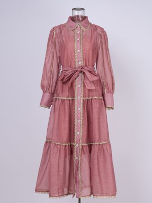 Retro Lantern Sleeve Cinched Waist Evening Dress