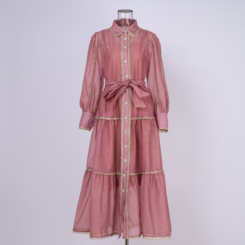 Retro Lantern Sleeve Cinched Waist Evening Dress