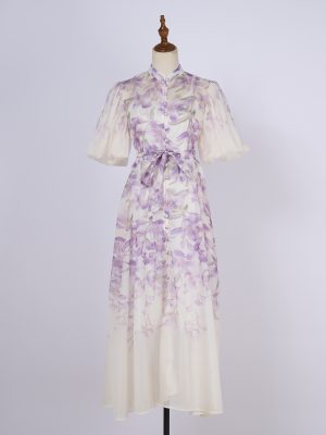 Elegant Printed Pattern Short-Sleeve Long Dress