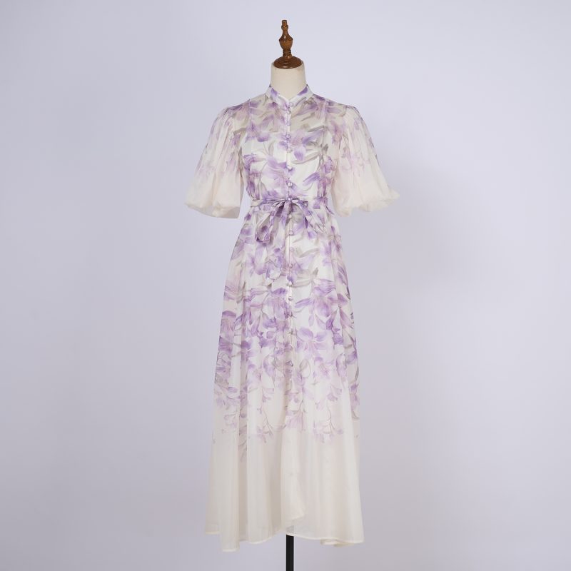 Elegant Printed Pattern Short-Sleeve Long Dress