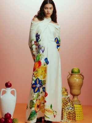 Elegant Bright Print Cross Collar Off-Shoulder Maxi Dress