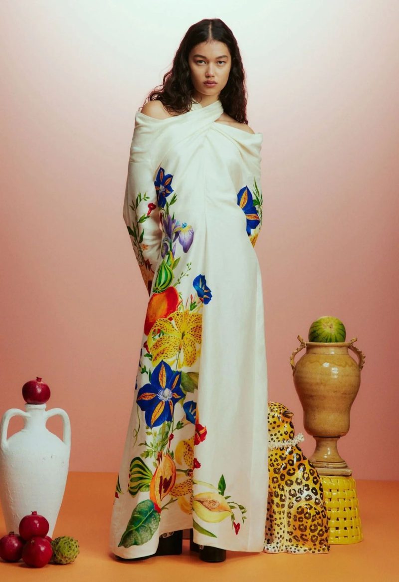 Elegant Bright Print Cross Collar Off-Shoulder Maxi Dress