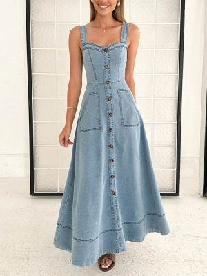 Simple Reducing Sling Single-Breasted Denim Dress