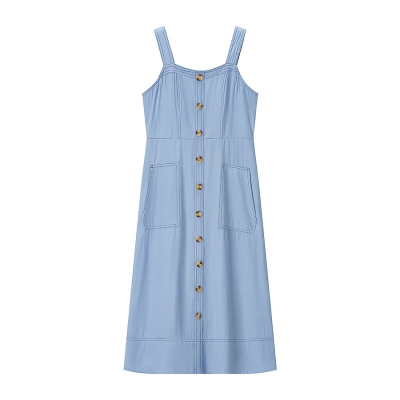 Simple Reducing Sling Single-Breasted Denim Dress - Image 3
