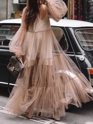 V-Neck Puff Sleeve Mesh Maxi Dress