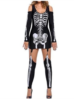 Skull Print Off Shoulder Halloween Costume Dress