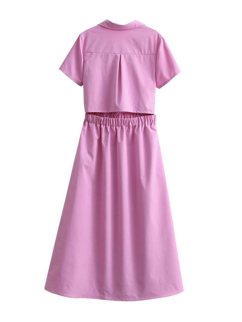 Women Clothing Collared Back Hollow-out Cropped Shirt Dress - Image 4