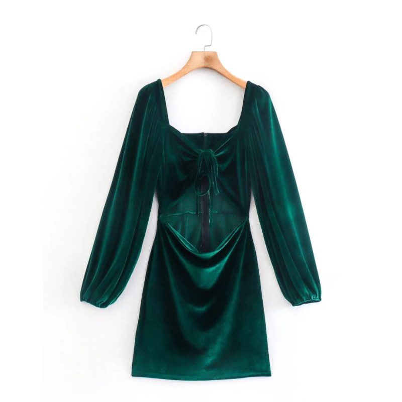 Velvet Puff Sleeve Rope Tube Dress for Winter - Image 2