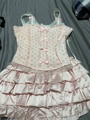 Women Kawaii Bow Lace Halter Neck Tops Ruffles Mini Cake Skirts photo review