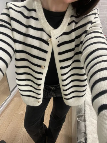 Women Spring Autumn Sweaters O-neck Stripe Knitted Cardigan Fashion photo review