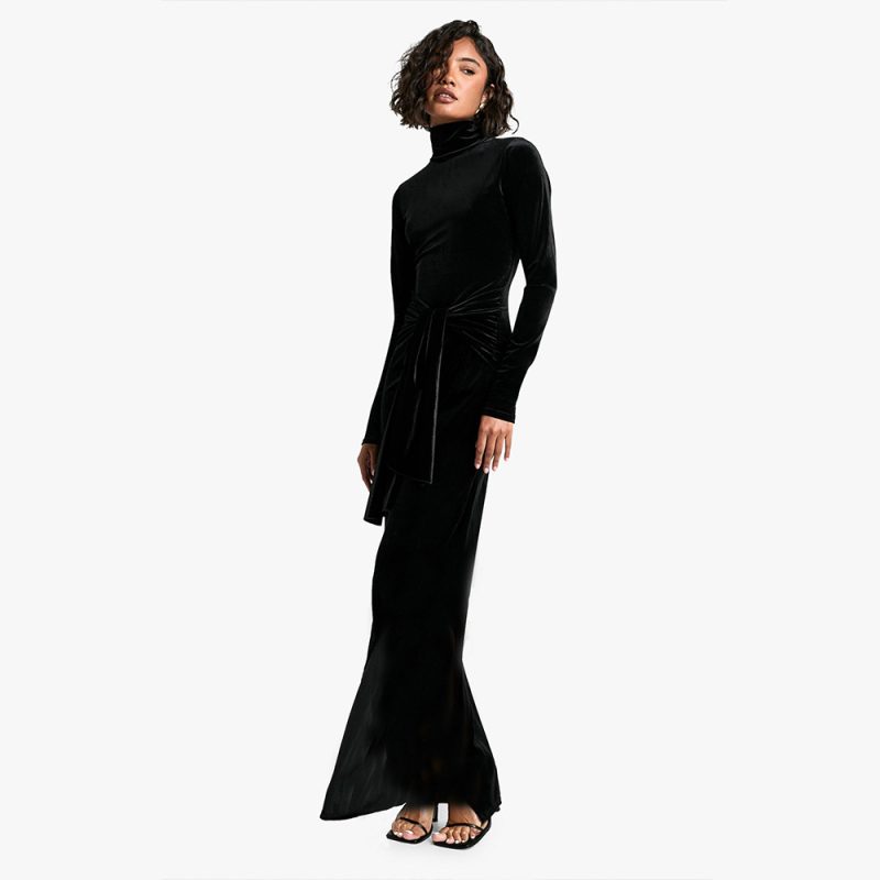 Sexy Half Collar Lace-Up Pleated Maxi Dress - Image 2