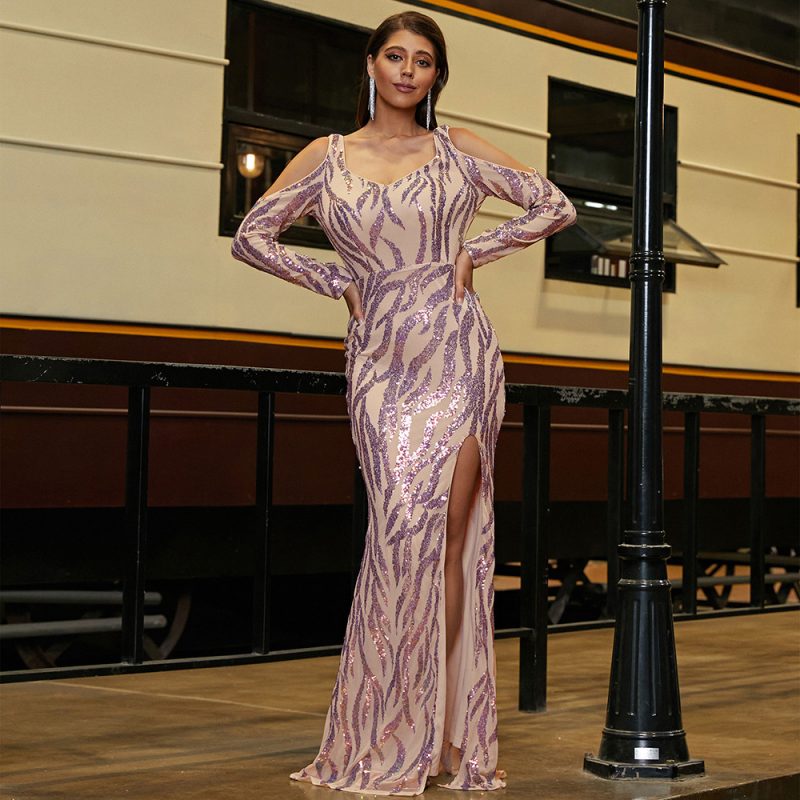 Elegant Backless Long Sleeved Sequined Cocktail Dress