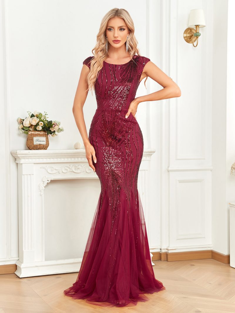 Wine Red Sequin Slim Fishtail Maxi Dress - Image 2