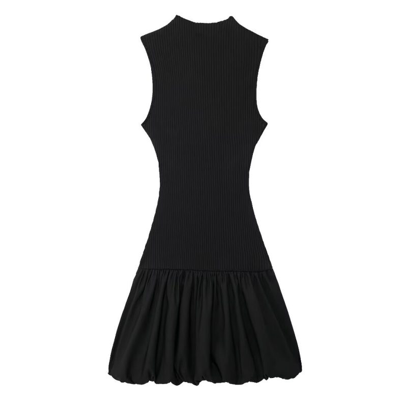 French Sleeveless Puffy Balloon Rib Casual Dress - Image 2