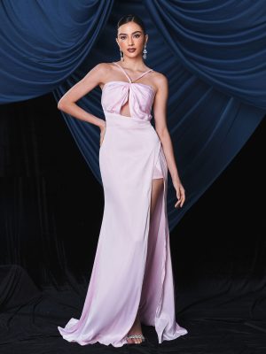 Elegant Sleeveless Halter Long Slit Evening Dress