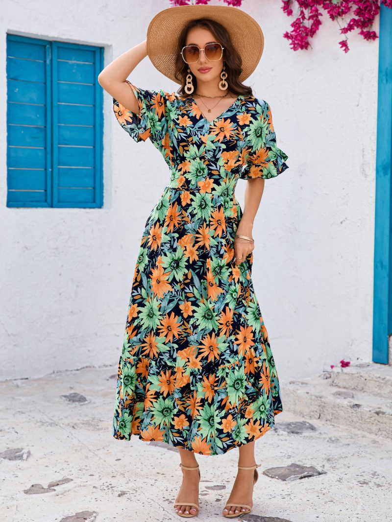 Elegant V-Neck Ruffled Short Sleeve Maxi - Image 3