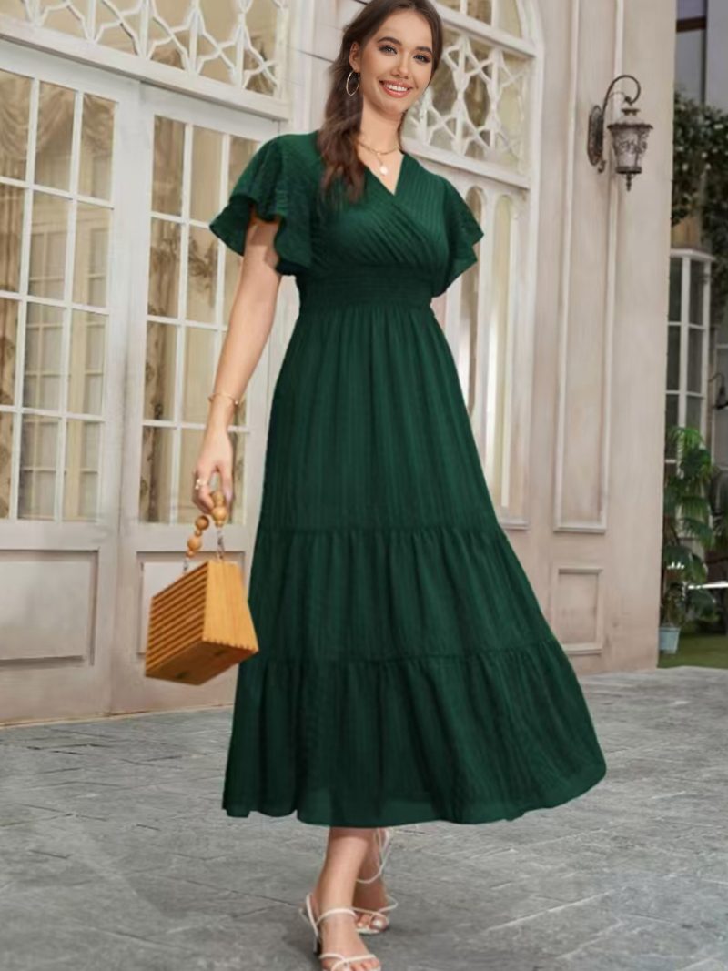 Elegant Embossed Cross Collar Ruffle Sleeve Maxi Dress - Image 4