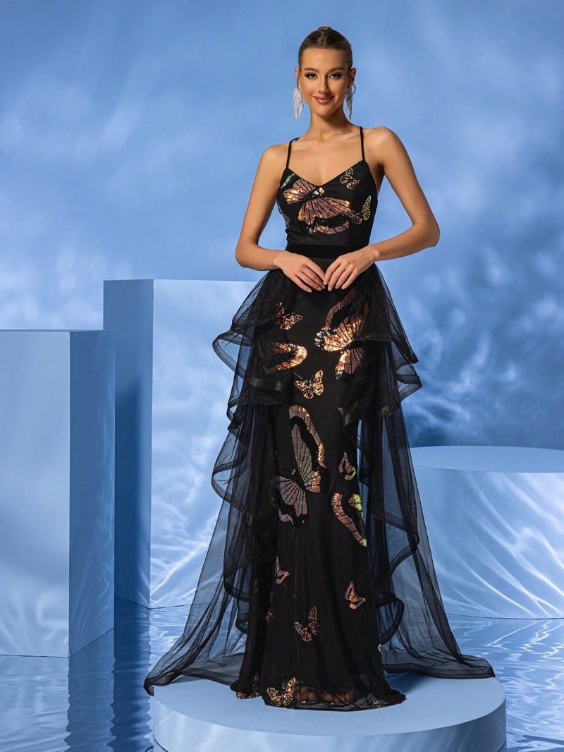 Butterfly Sequin Mesh Fishtail Evening Party Dress - Image 3