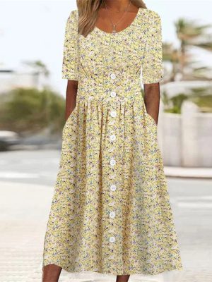 Floral Round Neck Single Breasted Casual Dress