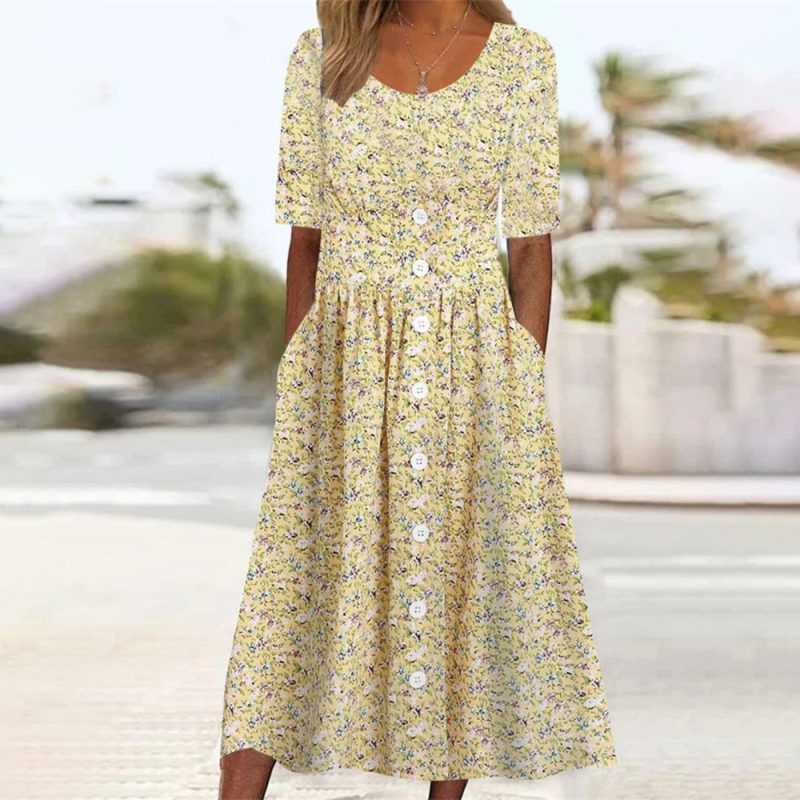 Floral Round Neck Single Breasted Casual Dress