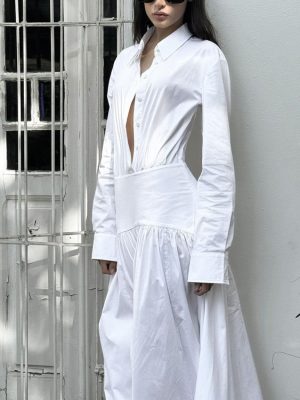 White Pleated A-Line Collared Shirt Dress