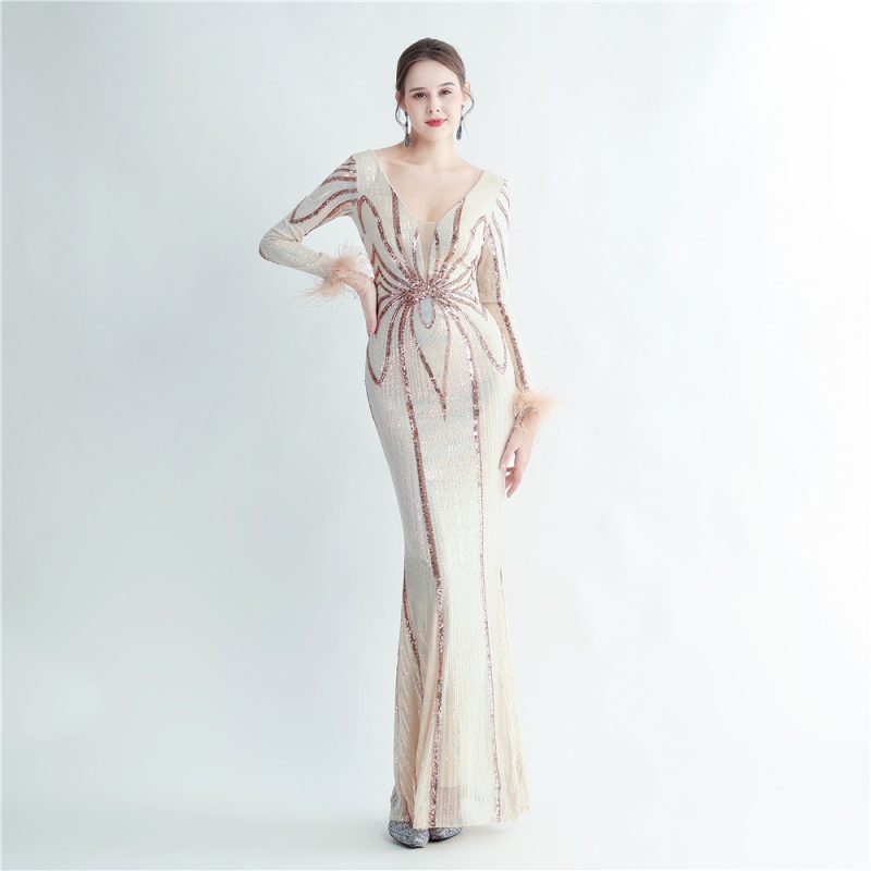 High-End Floral Sequin Ostrich Feather Long Sleeve Dress - Image 2