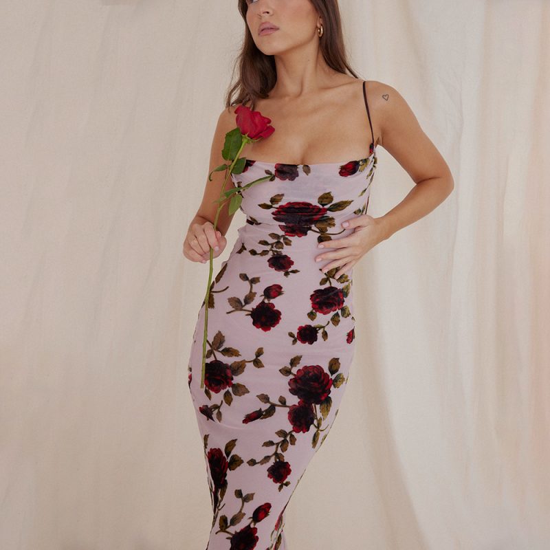 Elegant Mesh Floral Print Slim Maxi Dress - Image 3
