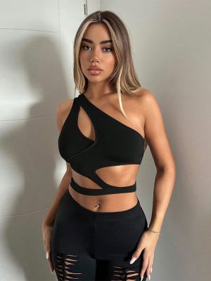 Sexy Spring Summer Street T-Shirt with Diagonal Collar
