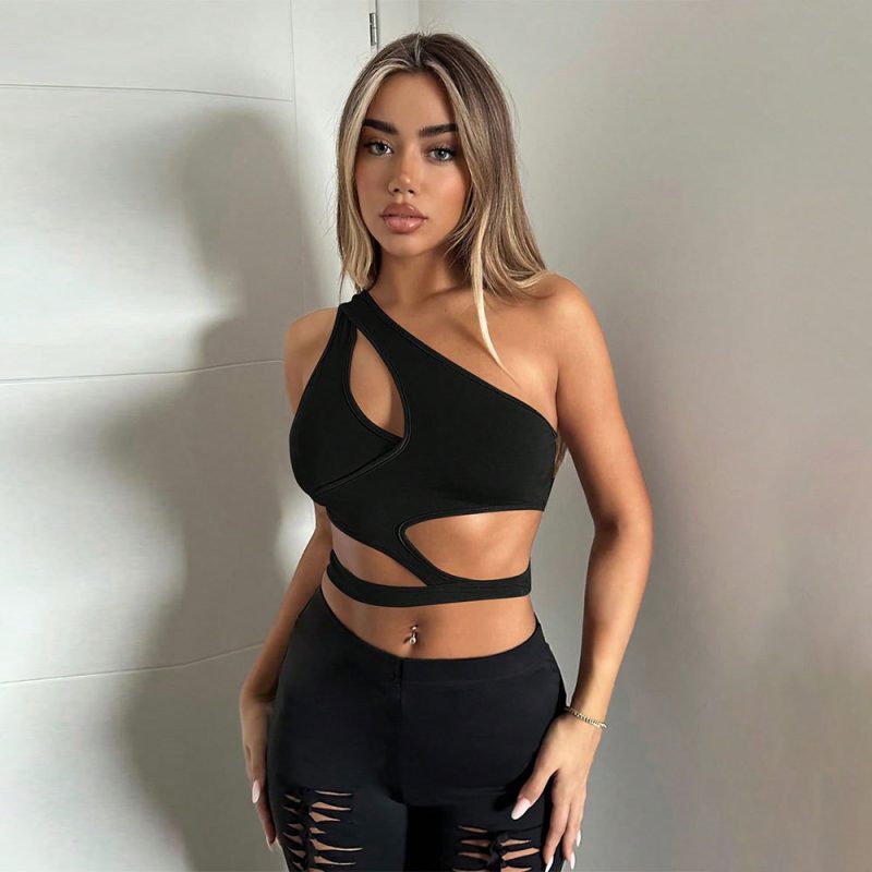 Sexy Spring Summer Street T-Shirt with Diagonal Collar