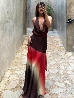 Color Contrast Backless Sexy Pile Collar Dress