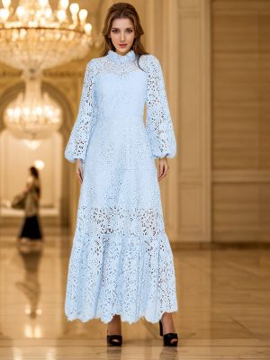 Spring Maxi Dress with Embroidered Lantern Sleeves