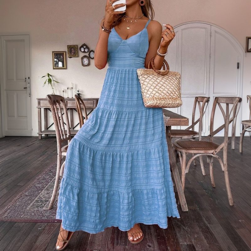 Elegant Solid Color Sling Large Swing Dress - Image 2