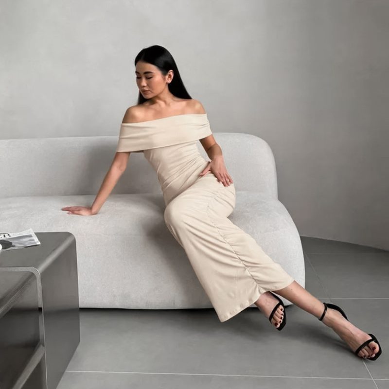 Autumn Off-Shoulder Dralon Skinny Long Dress - Image 2