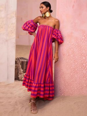 Striped Detachable Puff Sleeve Vacation Dress