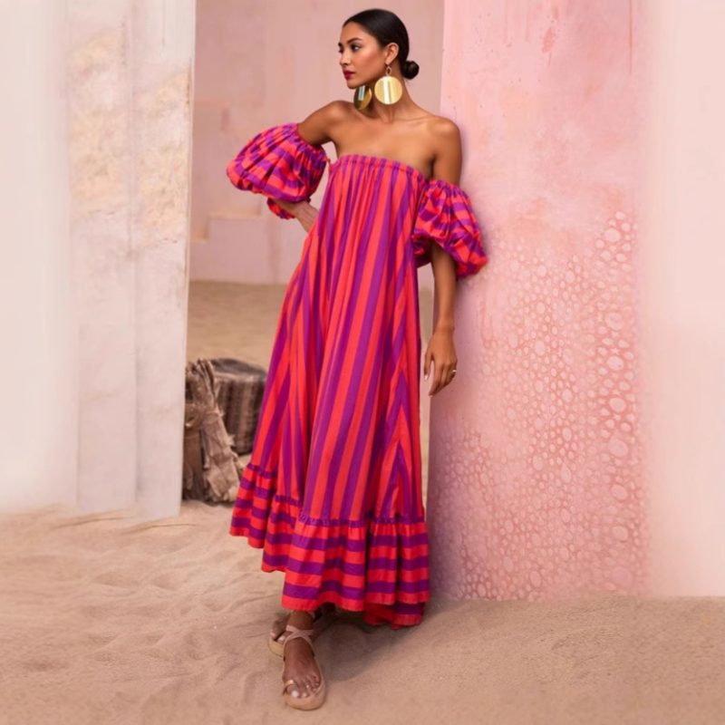 Striped Detachable Puff Sleeve Vacation Dress