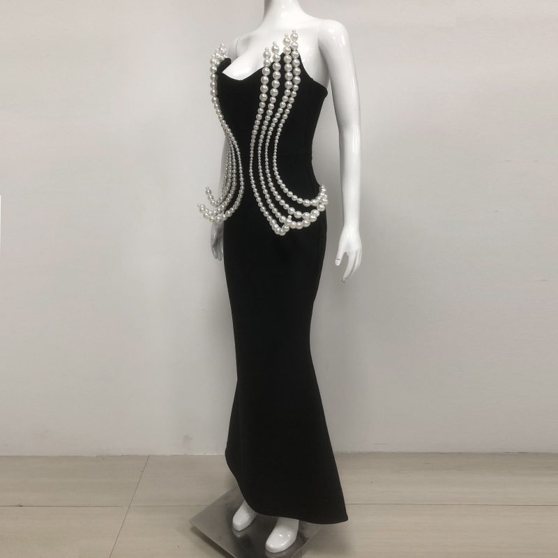 Retro Pearl Bandage Tube Top Maxi Dress - Image 3