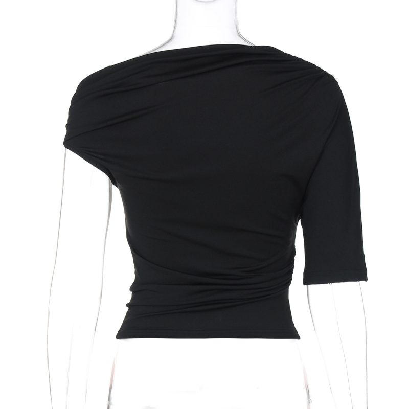 Single Sleeve Solid Pleated Crop T-Shirt Women - Image 4