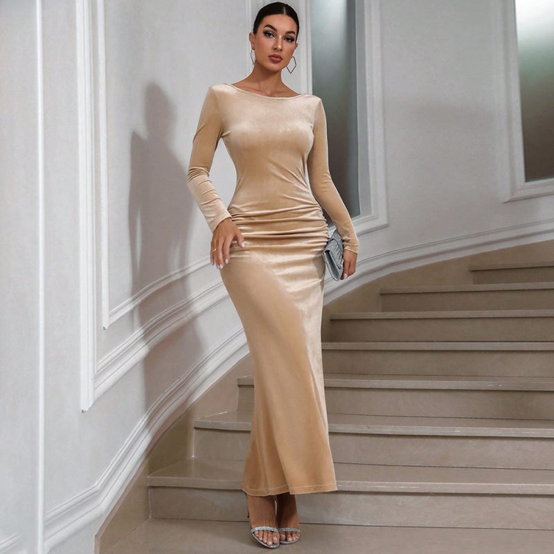 Champagne Round Neck Backless Lace-Up Maxi Dress - Image 2