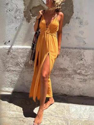 Sexy Solid Color Double Slit Sling Dress