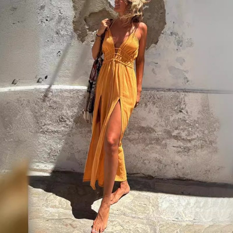 Sexy Solid Color Double Slit Sling Dress