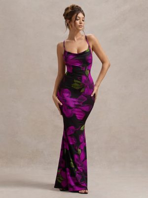Floral Print Cross-Strap Backless Slim Dress