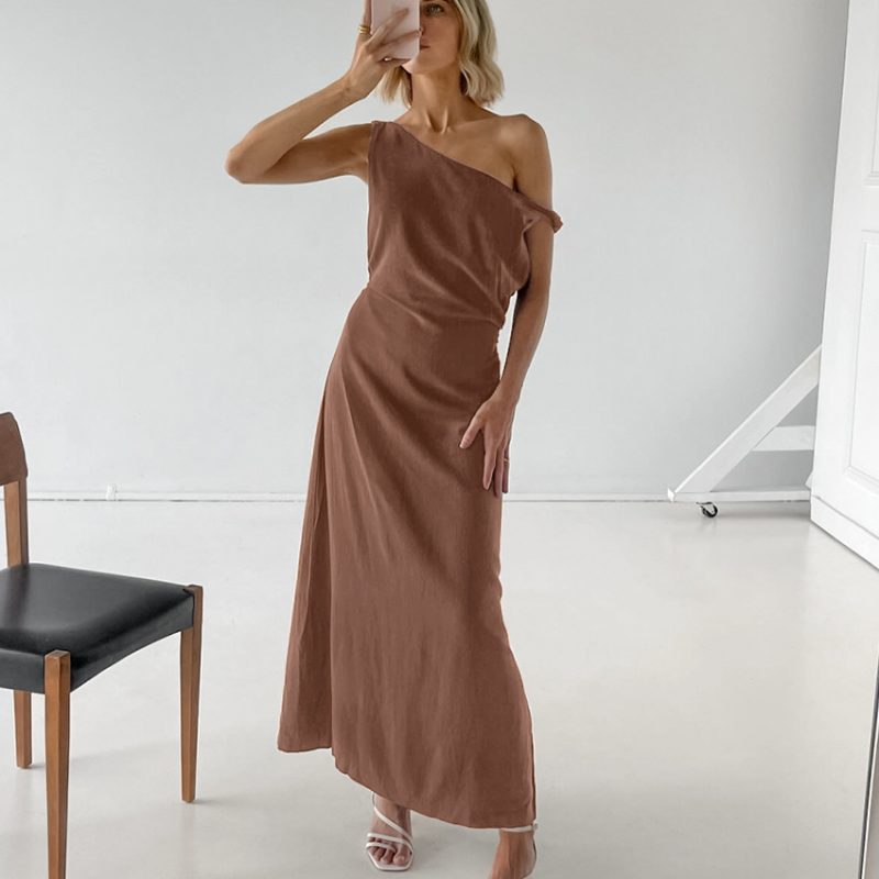 Retro Cotton Linen Asymmetric Collar Slim Fit Dress