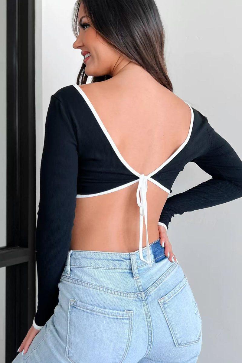 Sexy Long Sleeve Contrast Color Slim Top - Image 3
