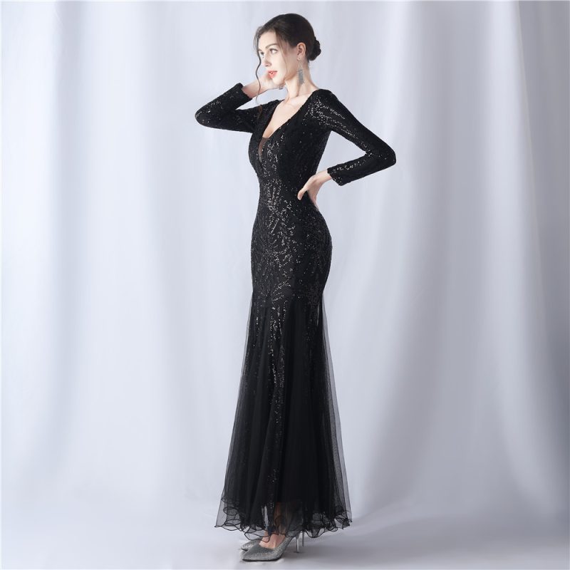 Mesh Sequin Long Sleeve Evening Dress - Image 3