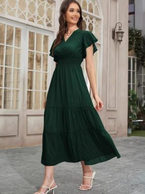 Elegant Embossed Cross Collar Ruffle Sleeve Maxi Dress