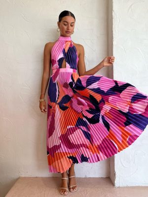 Women’s Halter Pleated Dress – Casual Summer Vacation