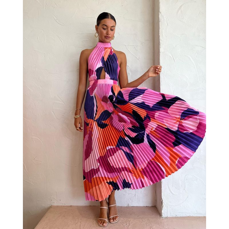 Women’s Halter Pleated Dress – Casual Summer Vacation