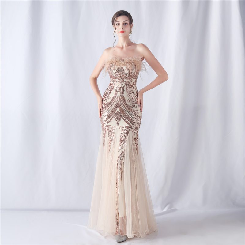 Floral Ostrich Feather Tube Top Sequin Evening Dress - Image 2